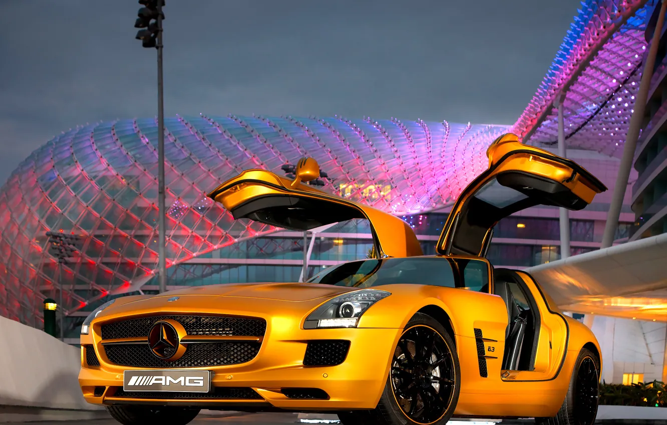 Фото обои Mercedes-Benz, золотой, AMG, SLS, двери «крылья чайки»