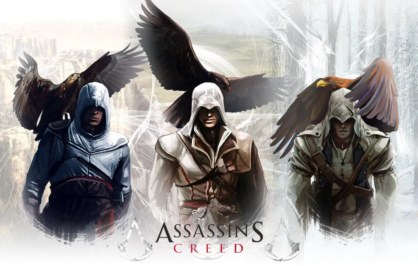 Фото обои Eagle, Assassin's Creed, Эцио Аудиторе да Фиренце, Altair, Альтаир ибн Ла-Ахад, Радунхагейду, Коннор Кенуэй, Ezio …