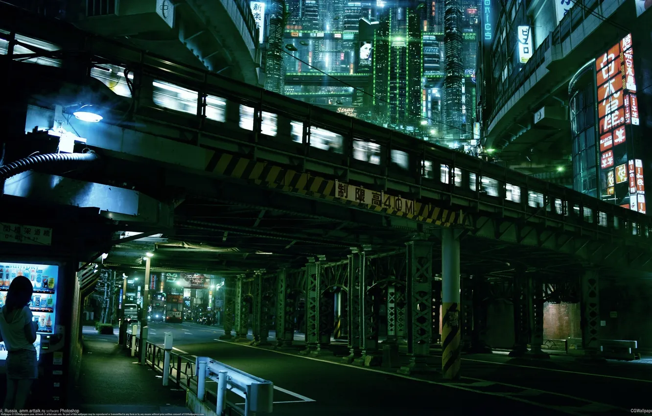 Фото обои дорога, ночь, мост, город, метро, Токио, Akimov Mikhail, Михаил Акимов