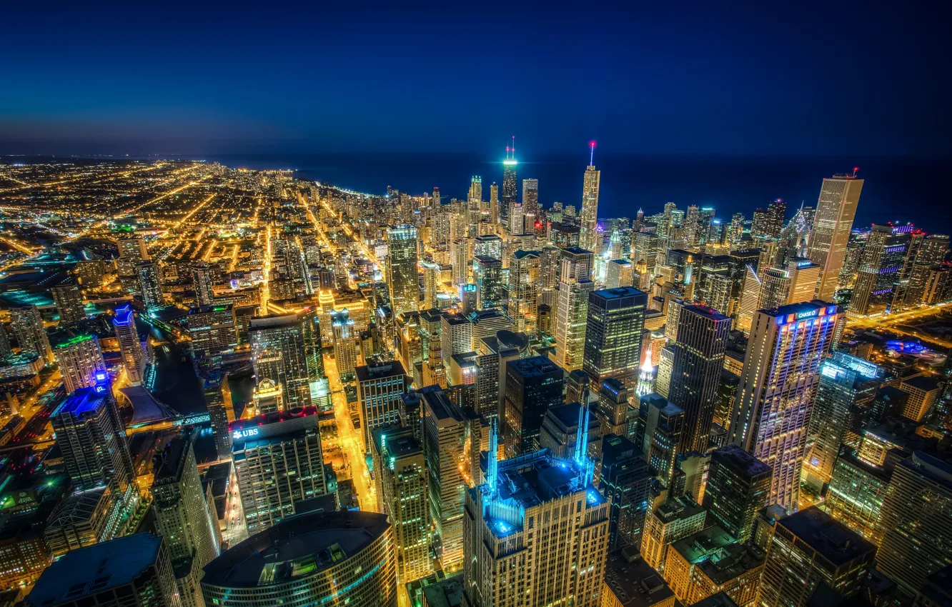Фото обои здания, Чикаго, панорама, Иллинойс, ночной город, Chicago, Illinois, небоскрёбы