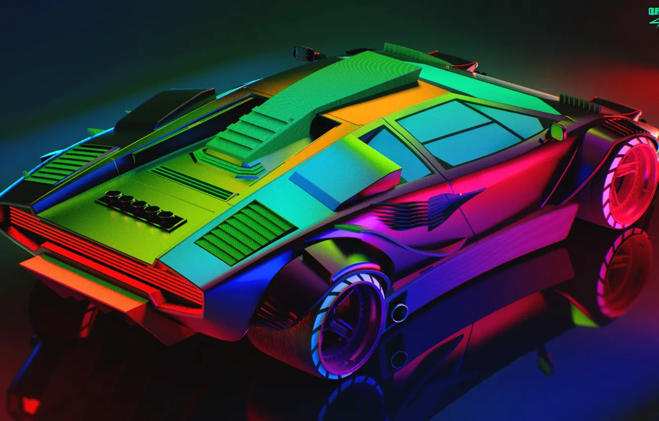 Фото обои Авто, Lamborghini, Неон, Машина, Car, Art, Вид сверху, Neon