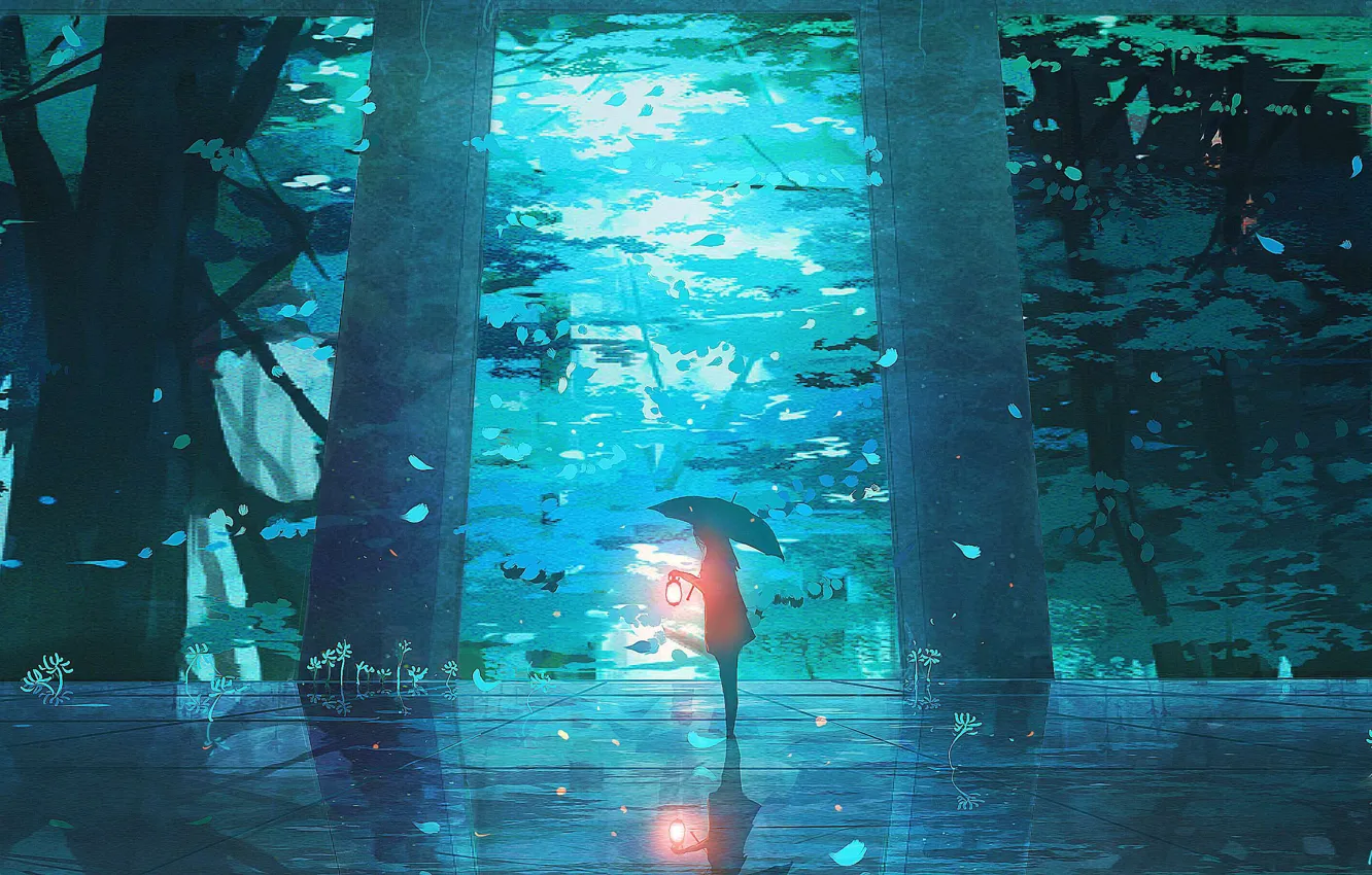 Фото обои лес, девушка, зонт, фонарь