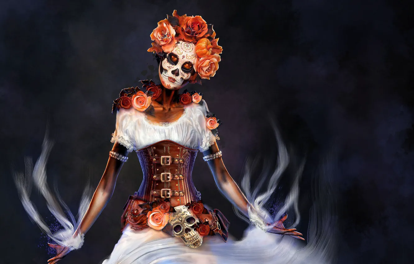 Фото обои цветы, женщина, наряд, грим, Hasta la muerte