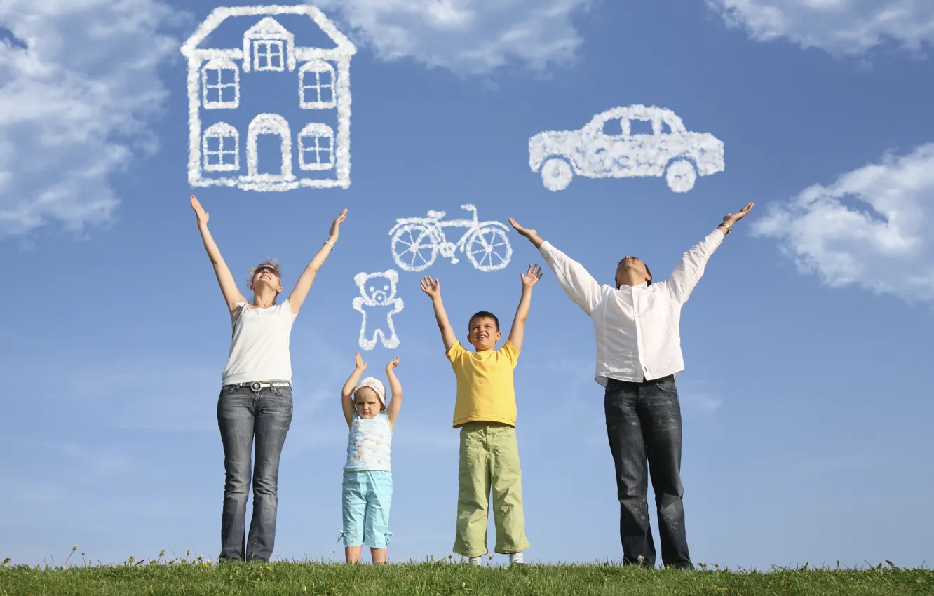 Фото обои машина, трава, мечта, облака, велосипед, дети, дом, семья