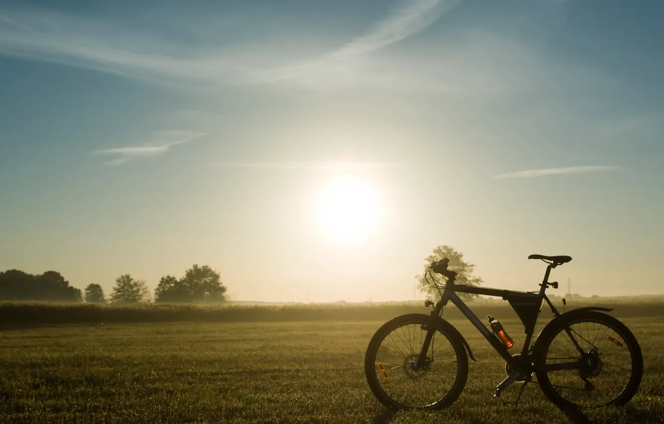 Фото обои природа, велосипед, утро, привал, mountain bike