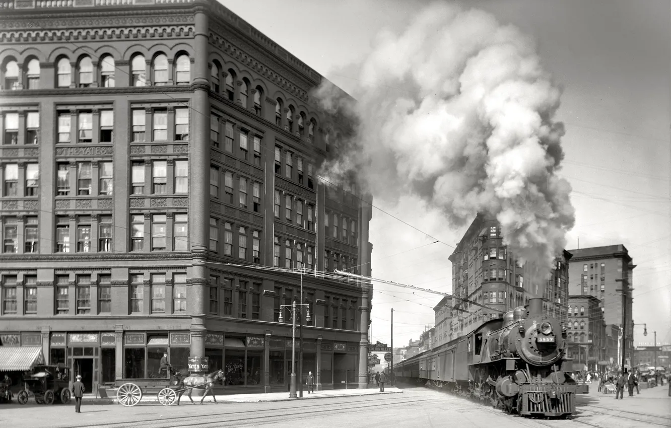 Фото обои ретро, поезд, дома, паровоз, США, 1905-й год