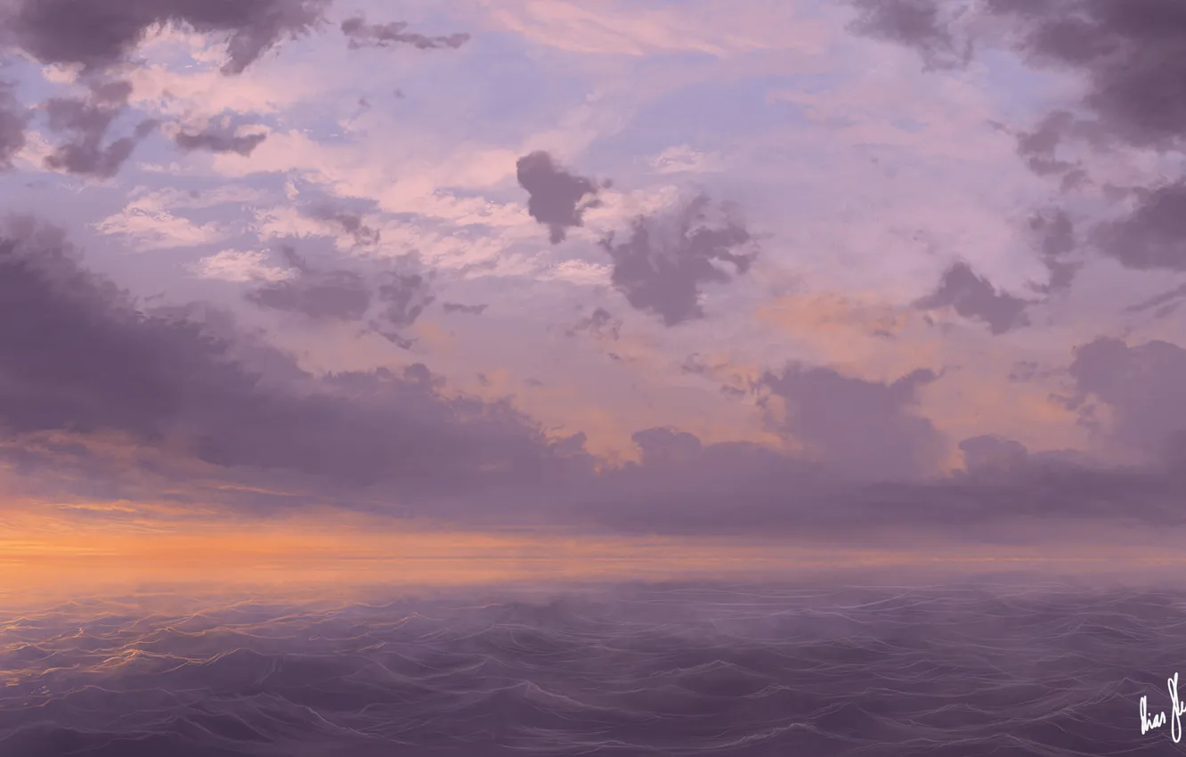 Фото обои море, волны, небо, вода, облака, закат, арт