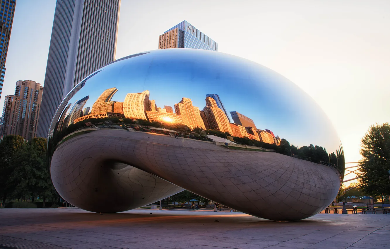 Фото обои отражение, Чикаго, Chicago, Иллиноис, монумент, millennium park, Spaceship Earth, Миллениум парк