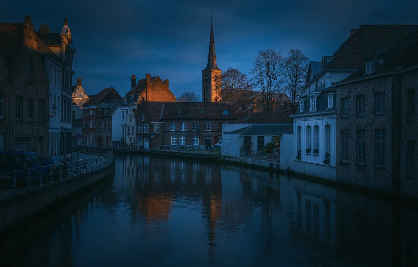 Фото обои ночь, город, река, дома, Бельгия, Брюгге