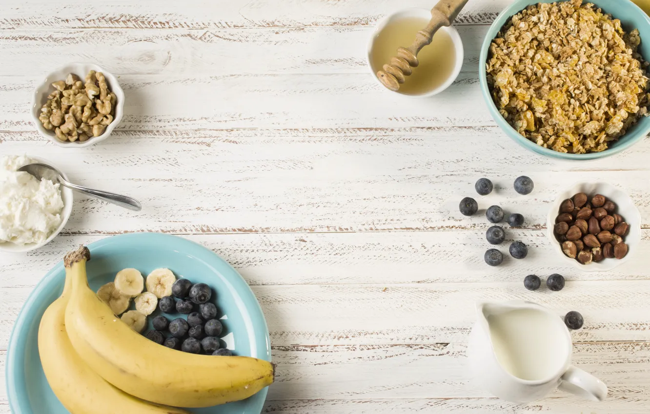 Фото обои завтрак, молоко, бананы, орехи, мёд, breakfast, гранола