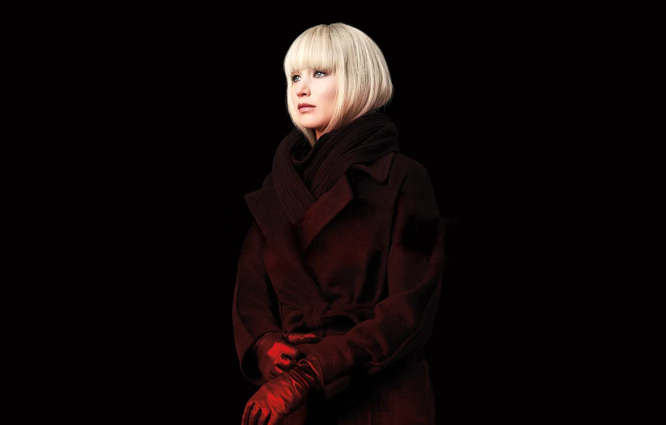 Фото обои макияж, шарф, прическа, блондинка, перчатки, черный фон, триллер, пальто