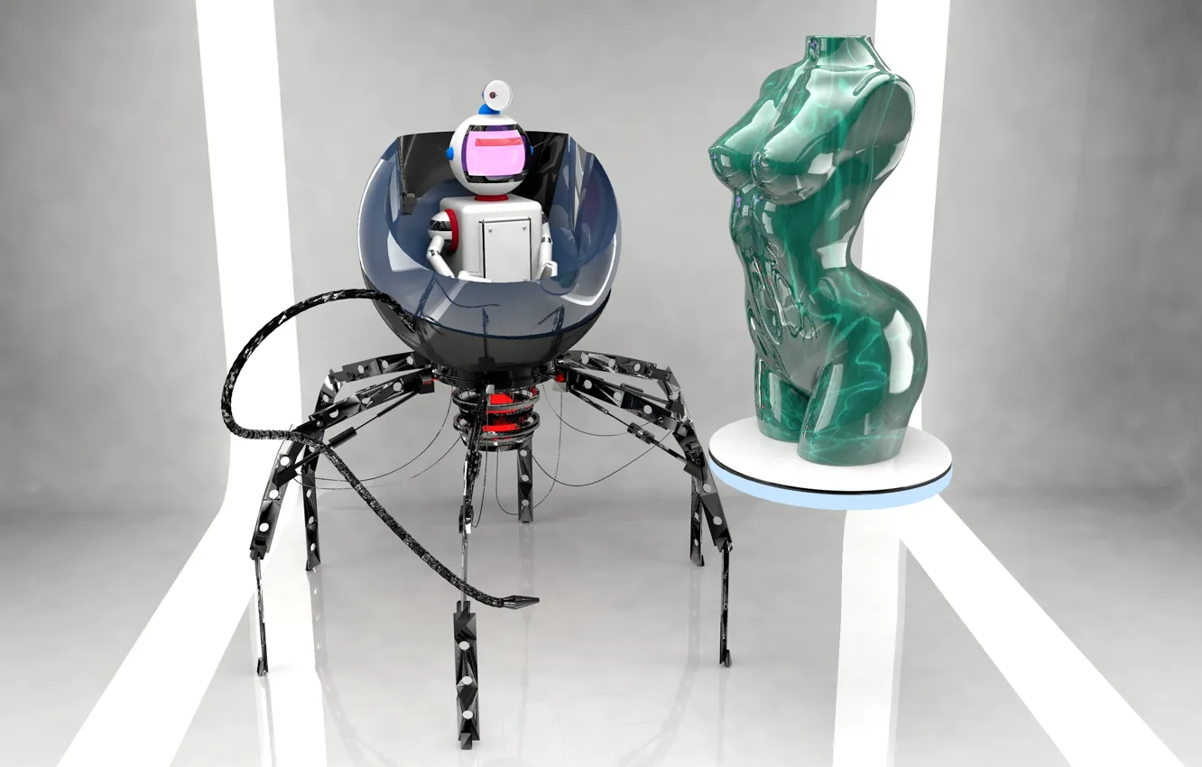 Фото обои рендеринг, робот, скульптура, студия