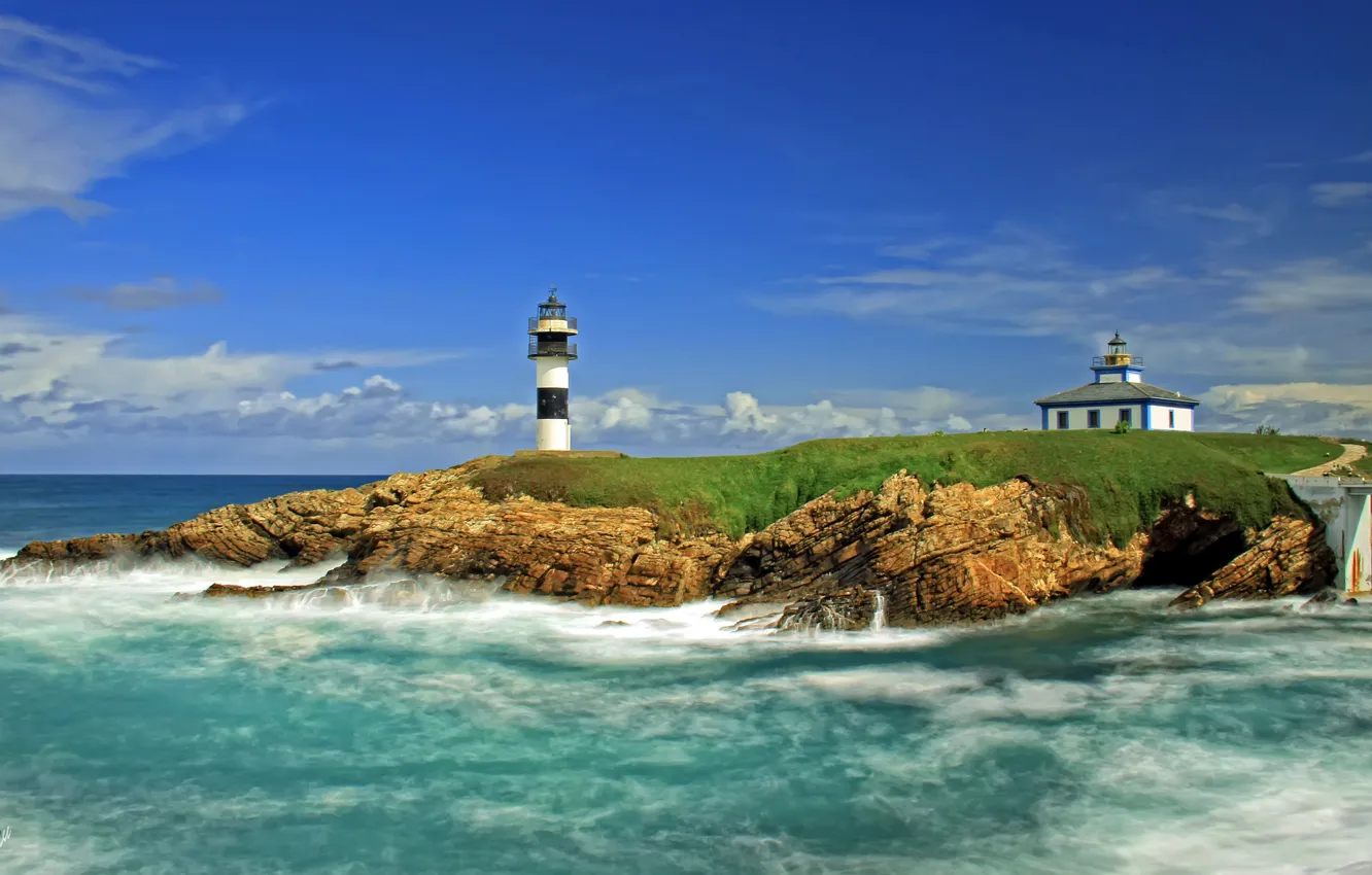 Фото обои море, маяк, остров, Испания, Spain, Ribadeo
