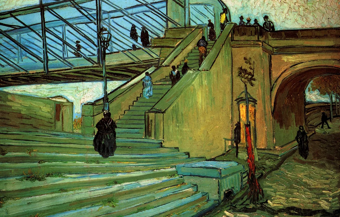 Фото обои мост, люди, лестница, арка, Vincent van Gogh, The Trinquetaille Bridge