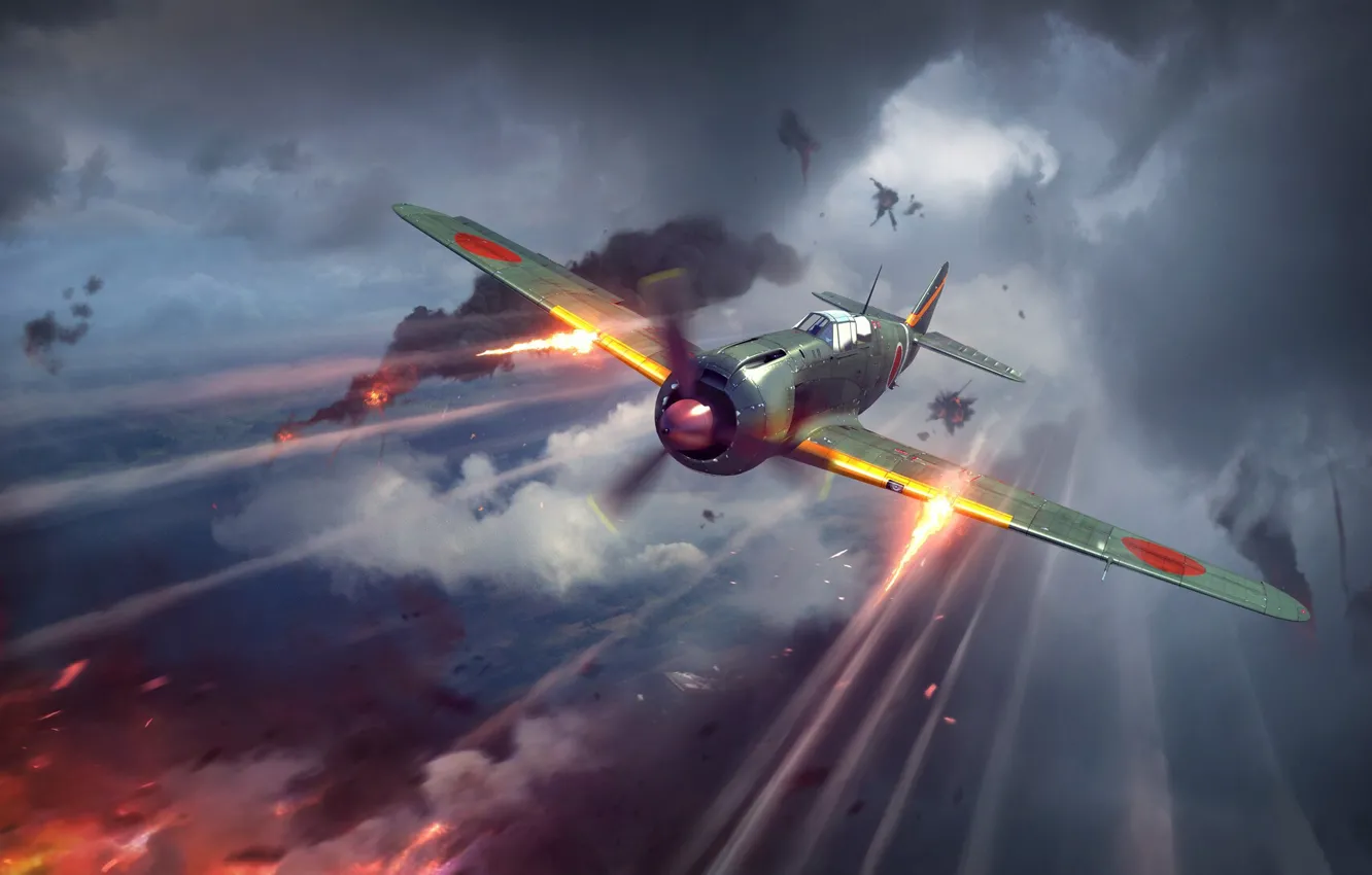 Фото обои дым, взрывы, самолёт, выстрелы, в небе, War Thunder, Warplane