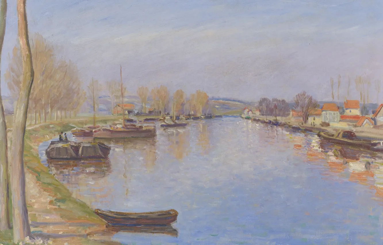 Фото обои пейзаж, река, картина, Берега Сены, Georges Henri Manzana Pissarro, Жорж-Анри Манзана-Писсарро