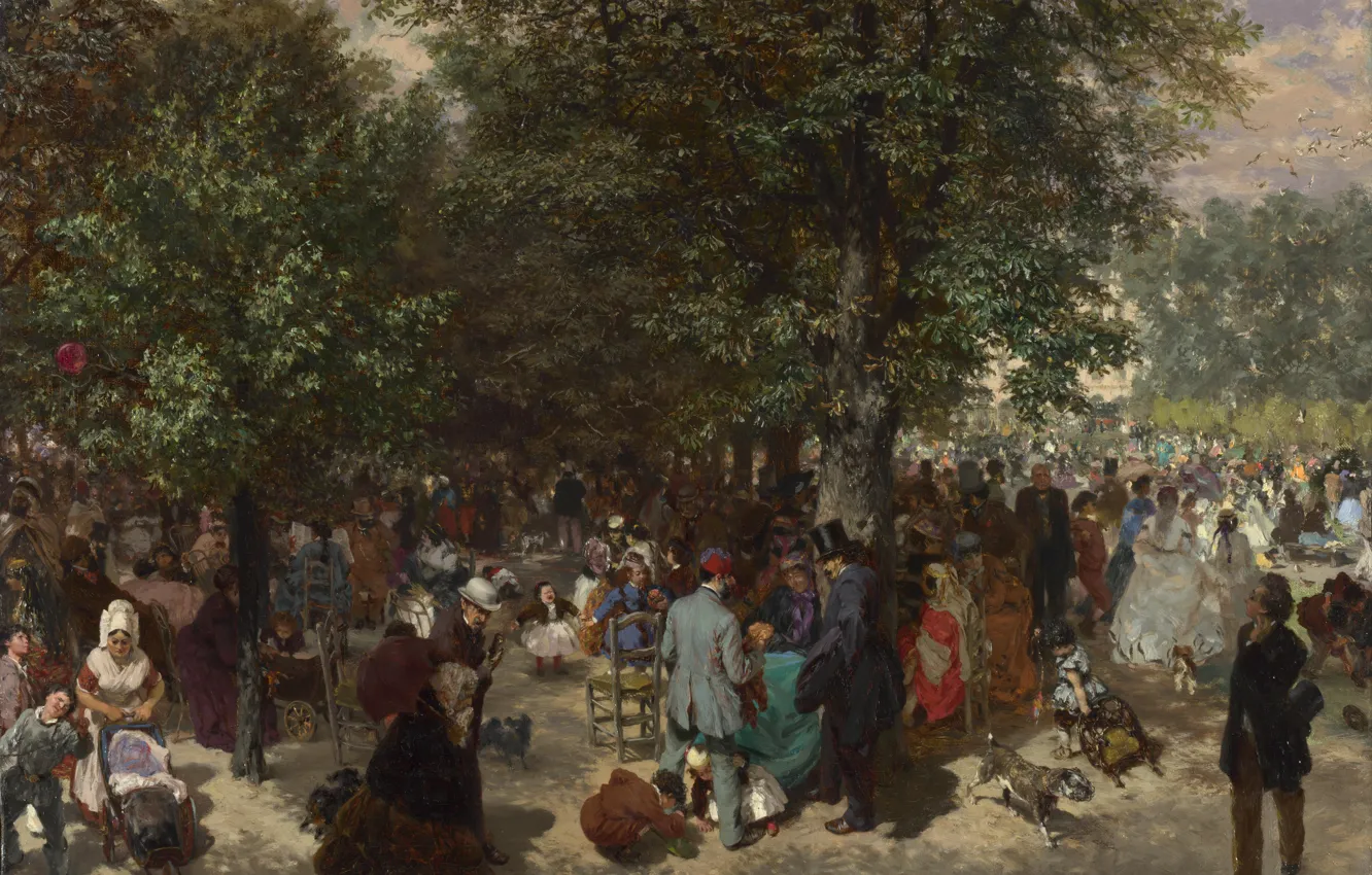 Фото обои картина, Adolph Menzel, Адольф фон Менцель, Днём в садах Тюильри