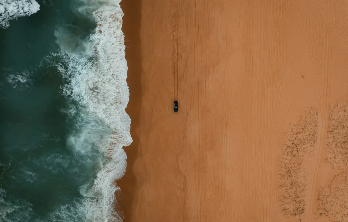 Фото обои car, beach, coast, sand, surf, aerial view