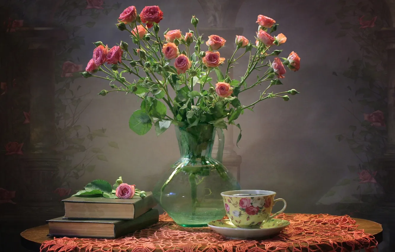 Фото обои книги, розы, букет, текстура, чашка