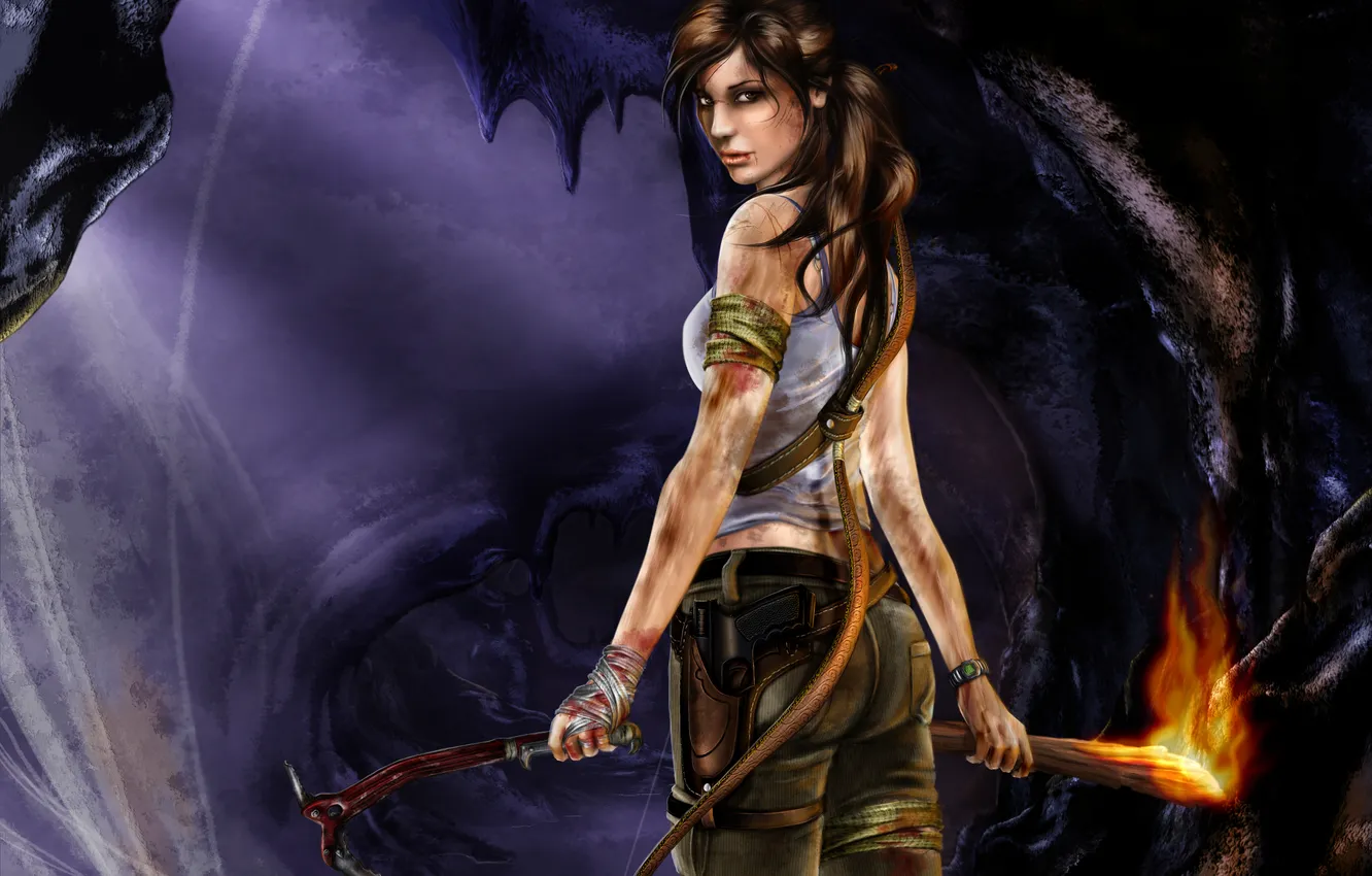 Фото обои взгляд, девушка, темнота, огонь, грязь, факел, Tomb Raider, пещера