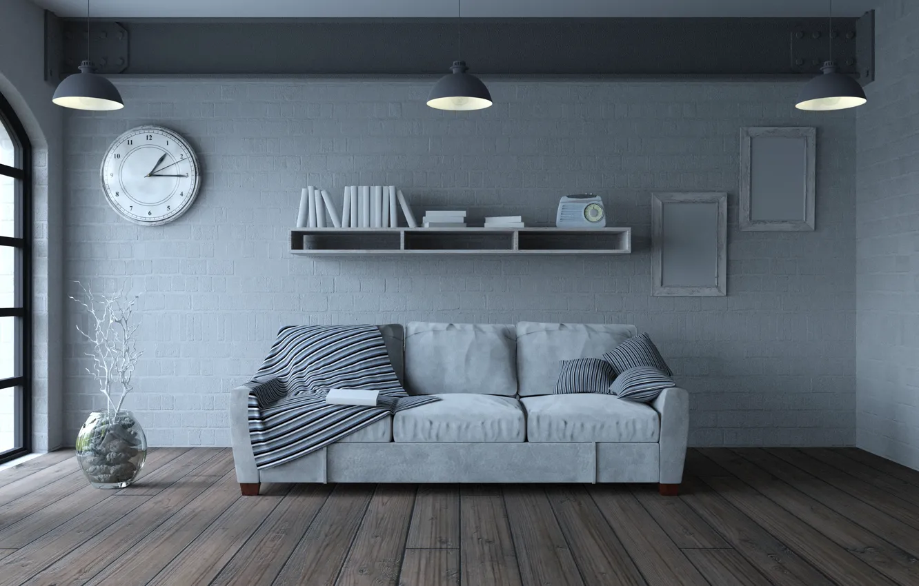 Фото обои дизайн, диван, интерьер, подушки, гостиная, Sofa, Book, Clock