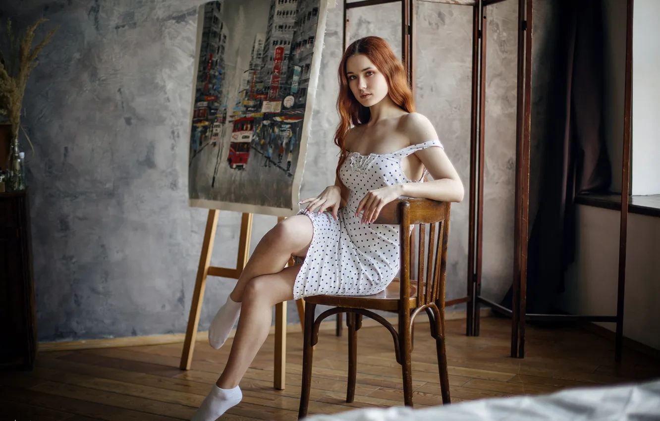 Фото обои dress, model, chair, women, window, redhead, bed, white dress
