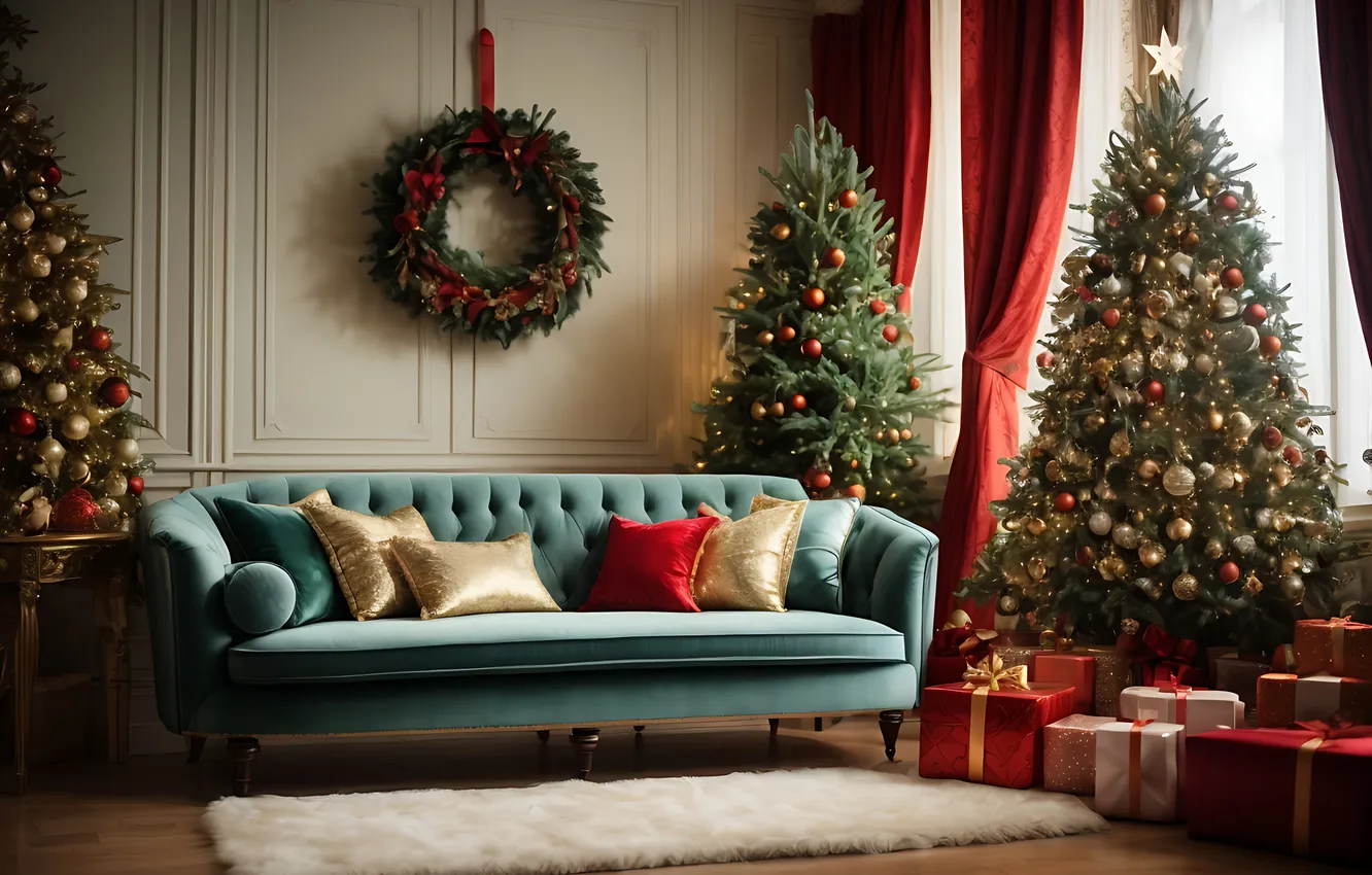 Фото обои украшения, комната, елка, интерьер, Рождество, подарки, Новый год, Christmas