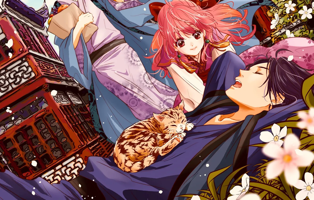 Фото обои отдых, кимоно, друзья, красные волосы, два парня, спящий кот, белые цветочки, Рассвет Йоны
