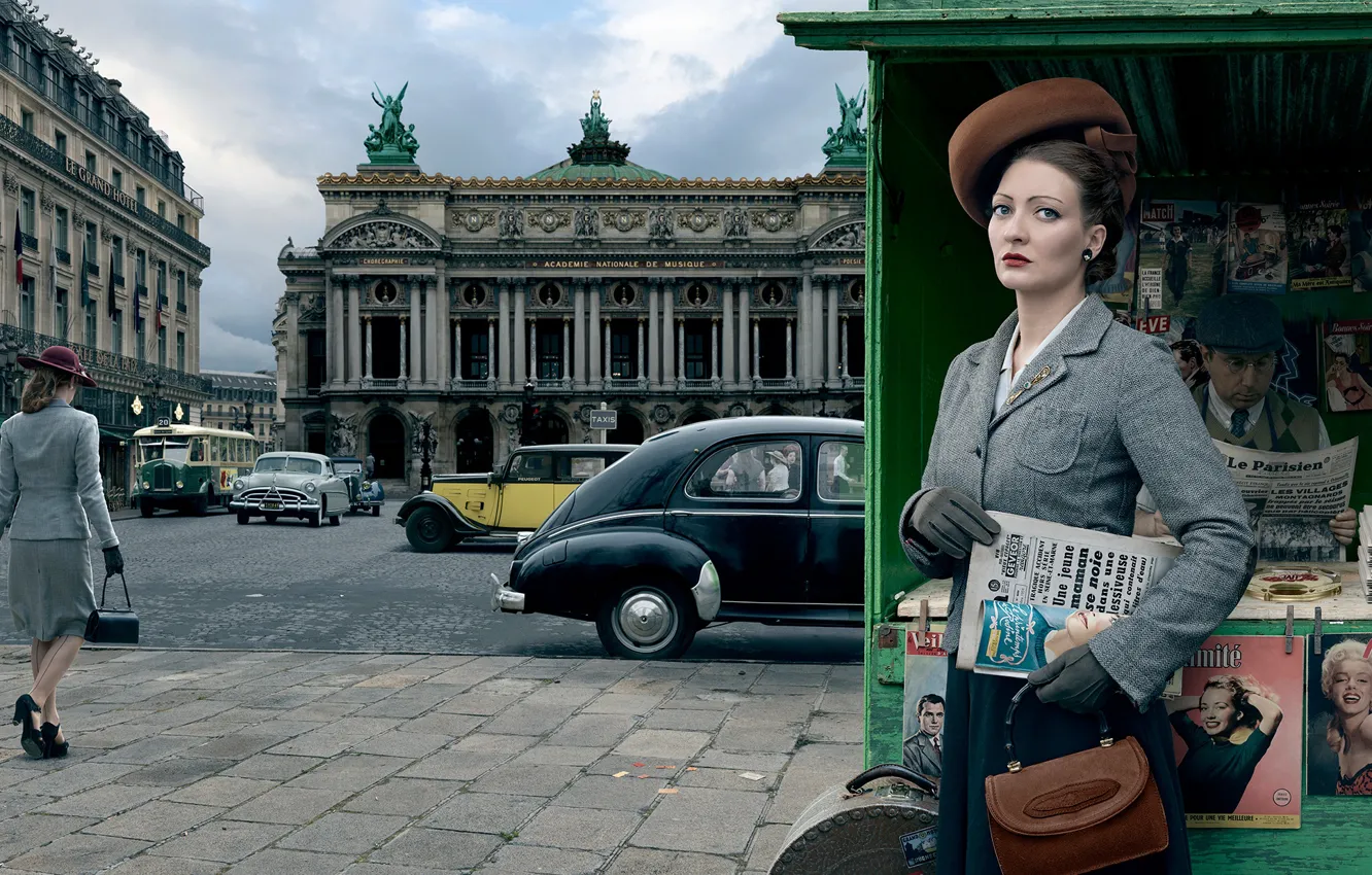 Фото обои авто, девушка, город, ретро, Париж, 1954, Stories, киоск