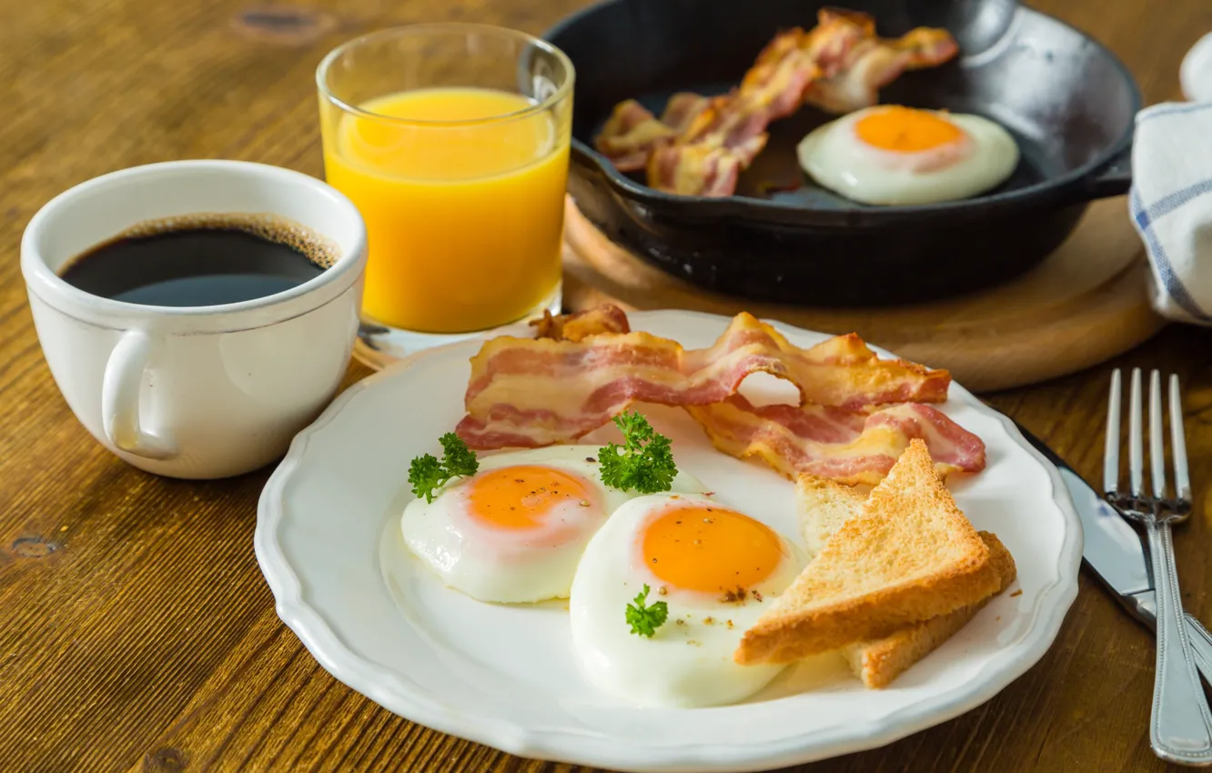 Фото обои кофе, завтрак, сок, яичница, бекон