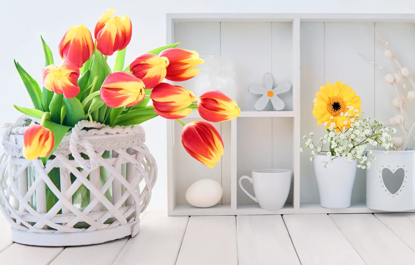 Фото обои цветы, букет, тюльпаны, корзинка, декор, Anya Ivanova