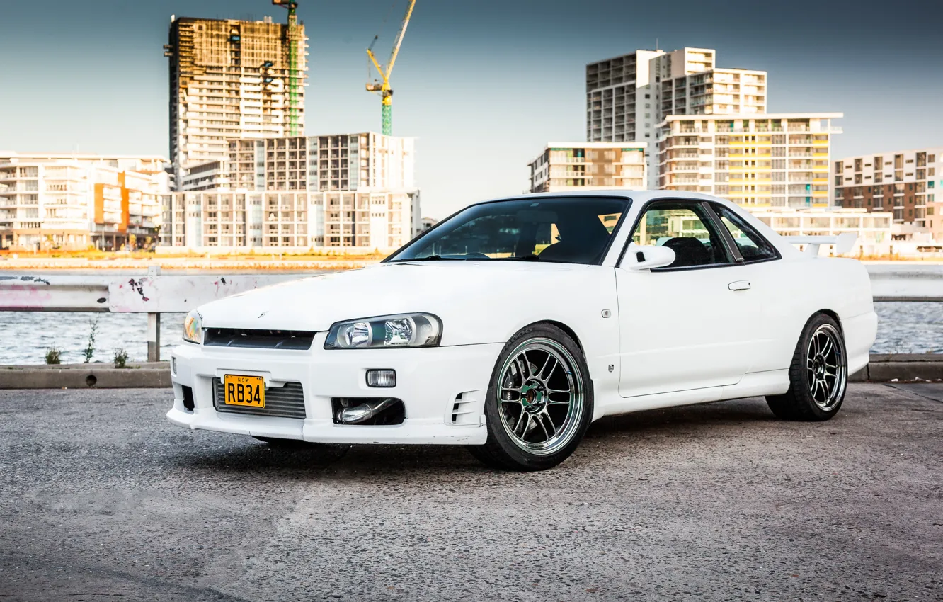 Фото обои Nissan, white, GT-R, skyline, R34
