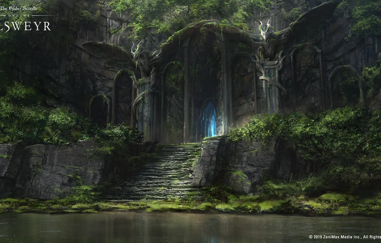 Фото обои озеро, замок, дракон, The Elder Scrolls Online