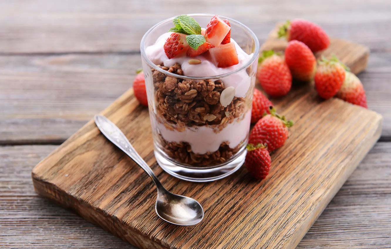 Фото обои ягоды, клубника, sweet, strawberry, dessert, мюсли, йогурт