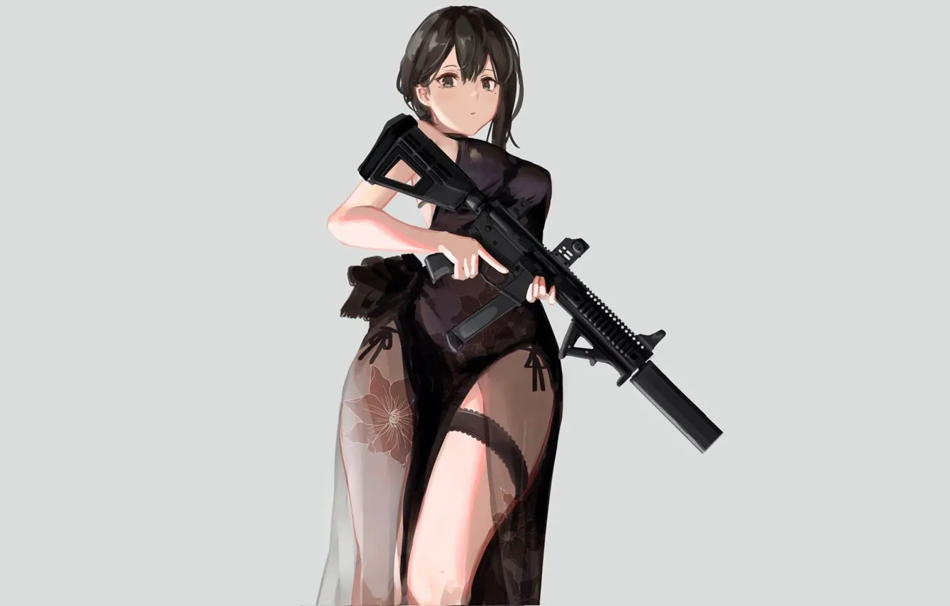 Фото обои взгляд, поза, оружие, аниме, манга, светлый фон, weapon, красивая девушка