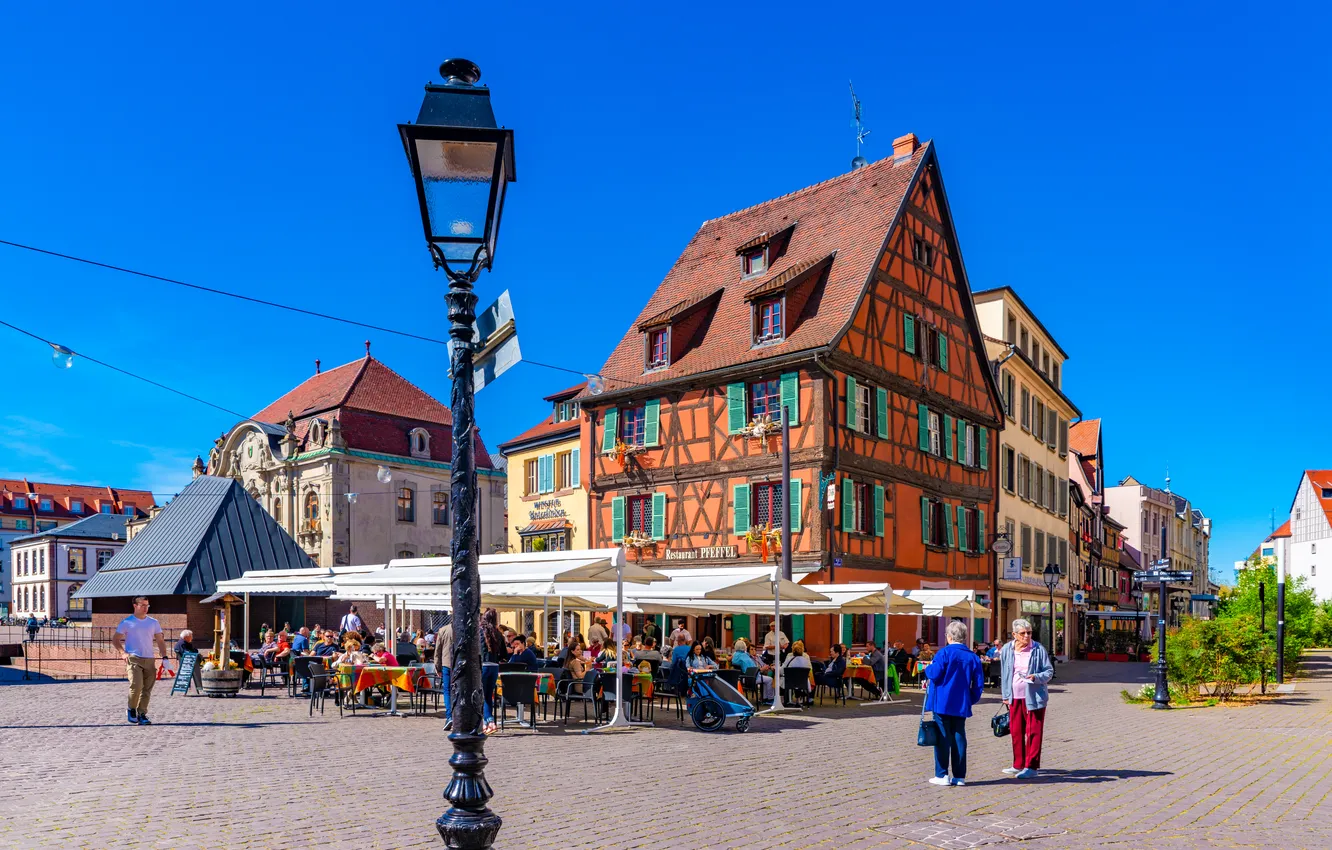Фото обои Франция, здания, кафе, Colmar