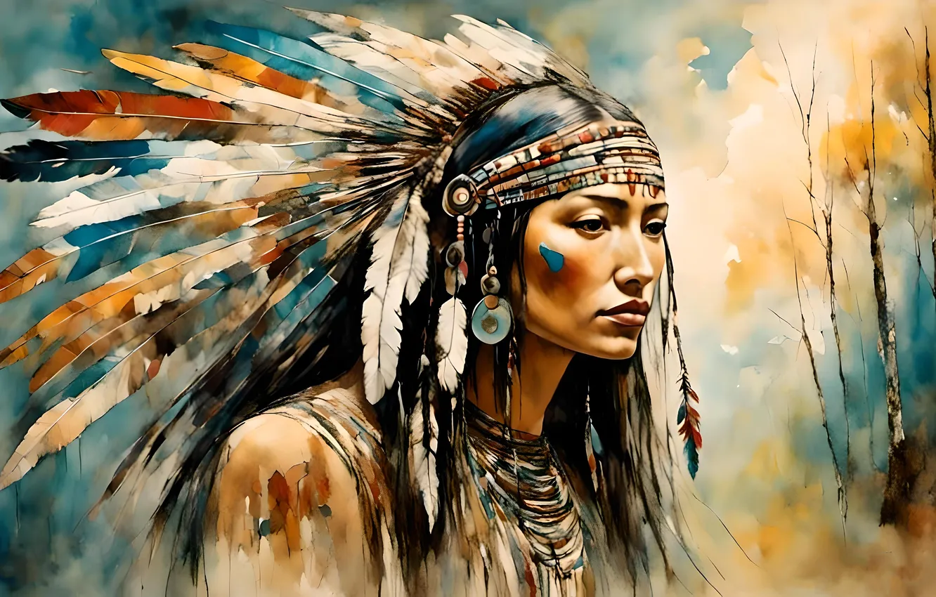 Фото обои девушка, перья, индеец, головной убор, индеанка, имитация живописи, ИИ-арт, индейская девушка