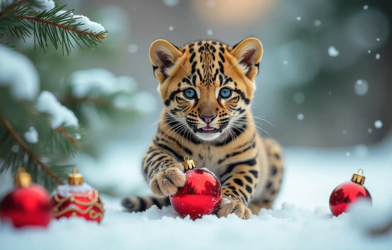 Фото обои зима, взгляд, шарики, снег, ветки, природа, игра, новый год