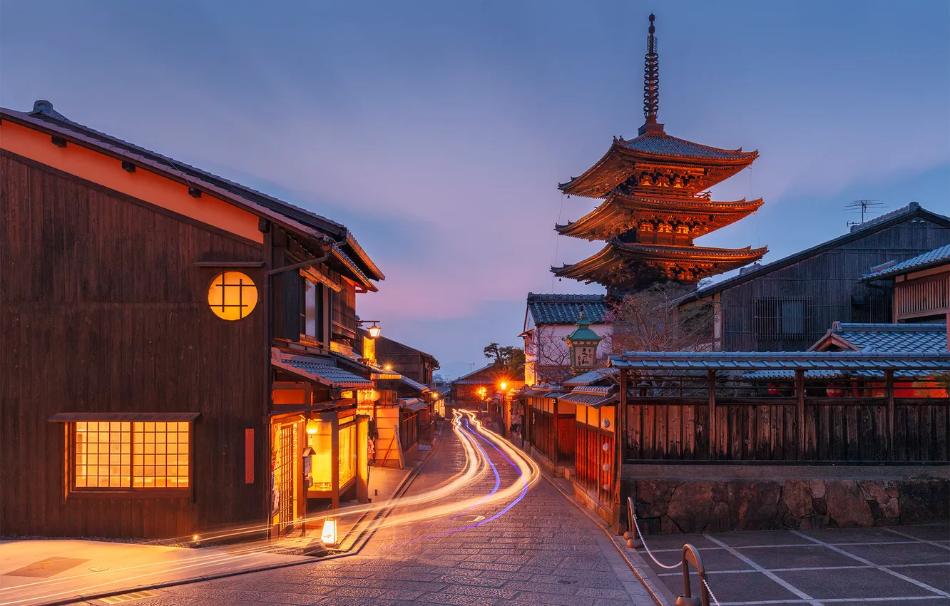 Фото обои city, lights, Japan, house, Kyoto, evening, street, buildings