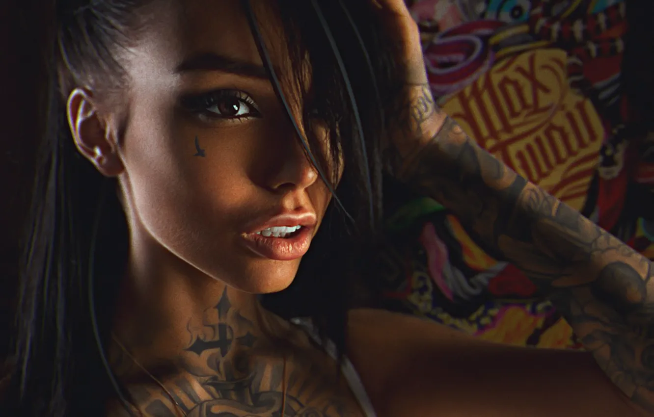 Фото обои ART, Model, Tattoo, Face, Max Twain, Retouch