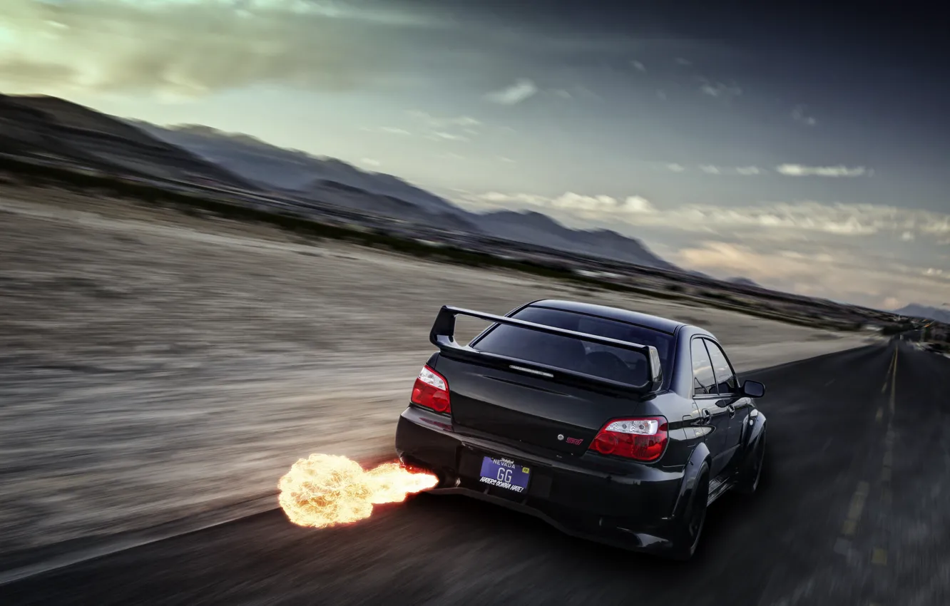 Фото обои пламя, скорость, Subaru, Impreza, размытость, чёрная, WRX, black