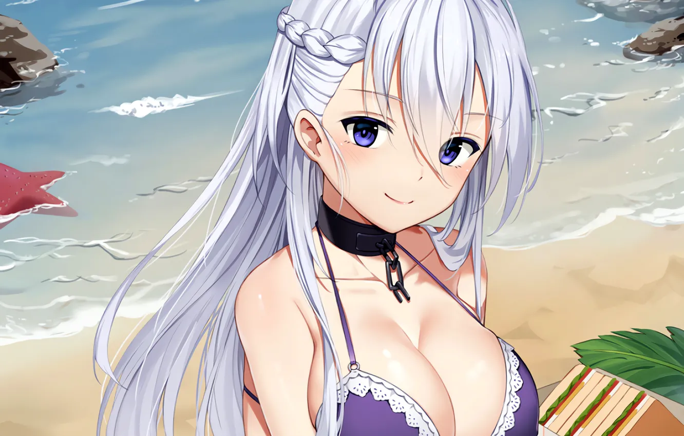 Фото обои girl, sexy, cleavage, beach, long hair, sea, boobs, anime