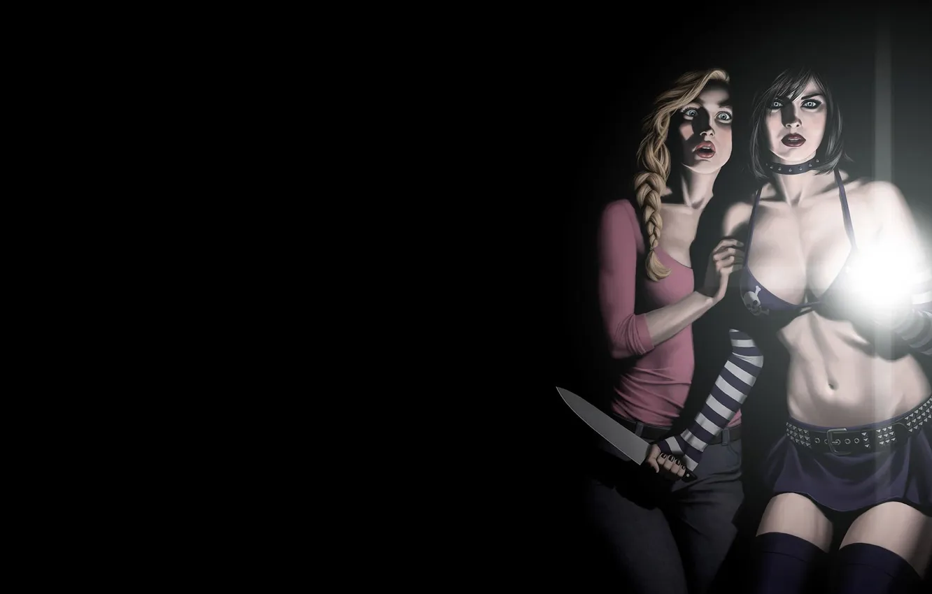 Фото обои страх, девушки, лица, нож, фонарь, ужас, черный фон