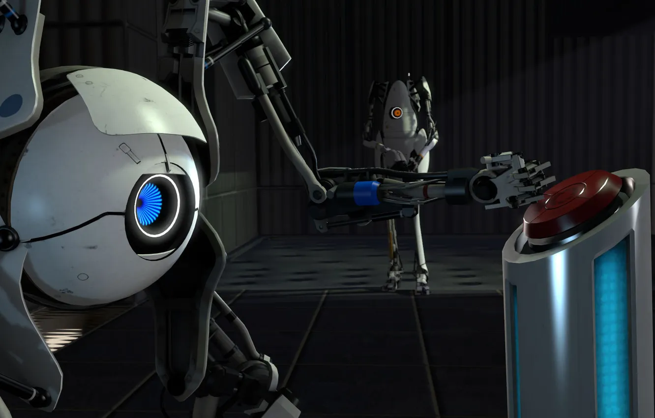 Фото обои робот, кнопка, Portal 2, нажимает