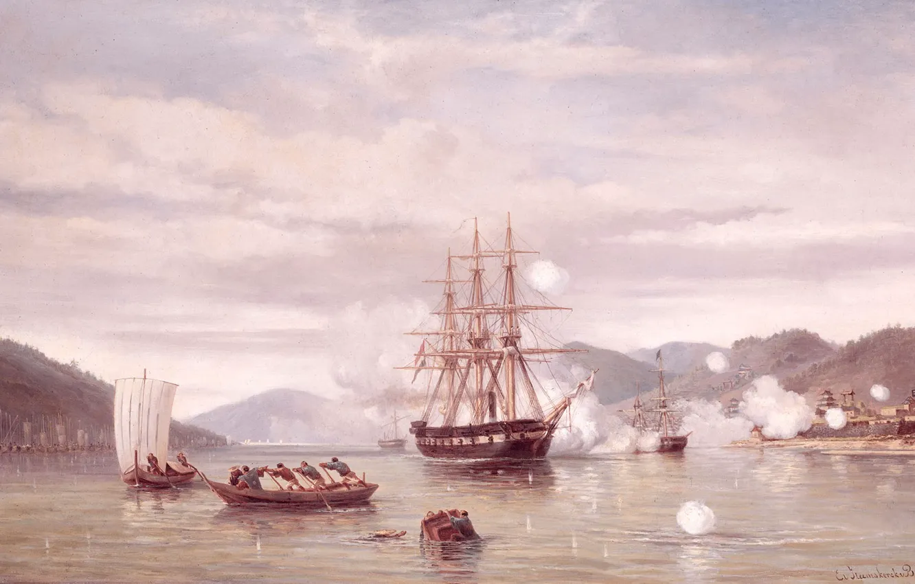 Фото обои картина, морской пейзаж, Jacob Eduard van Heemskerck van Beest, Пароход Медуза Прорывается через Пролив