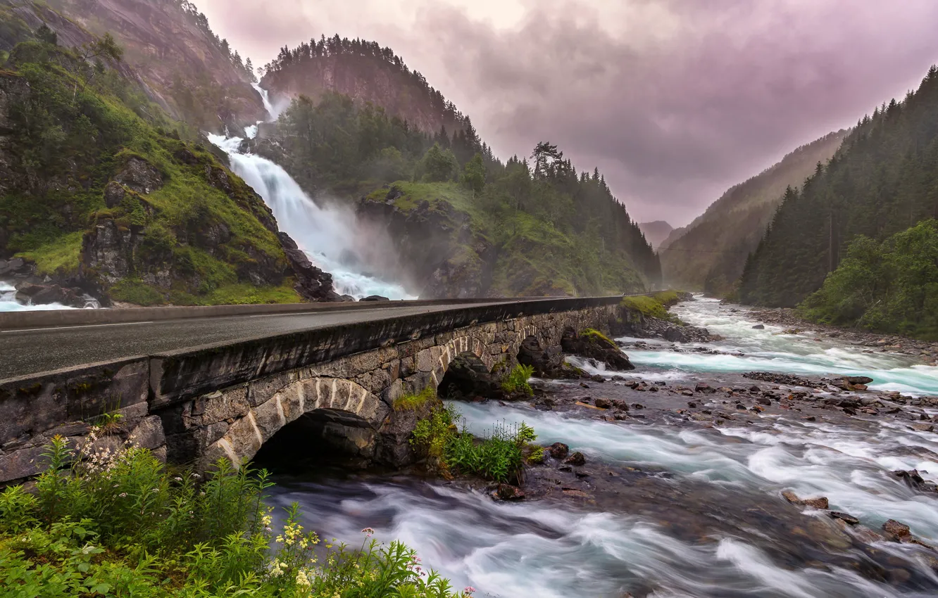 Фото обои мост, природа, река, водопад, Norway, Odda, Låtefossen
