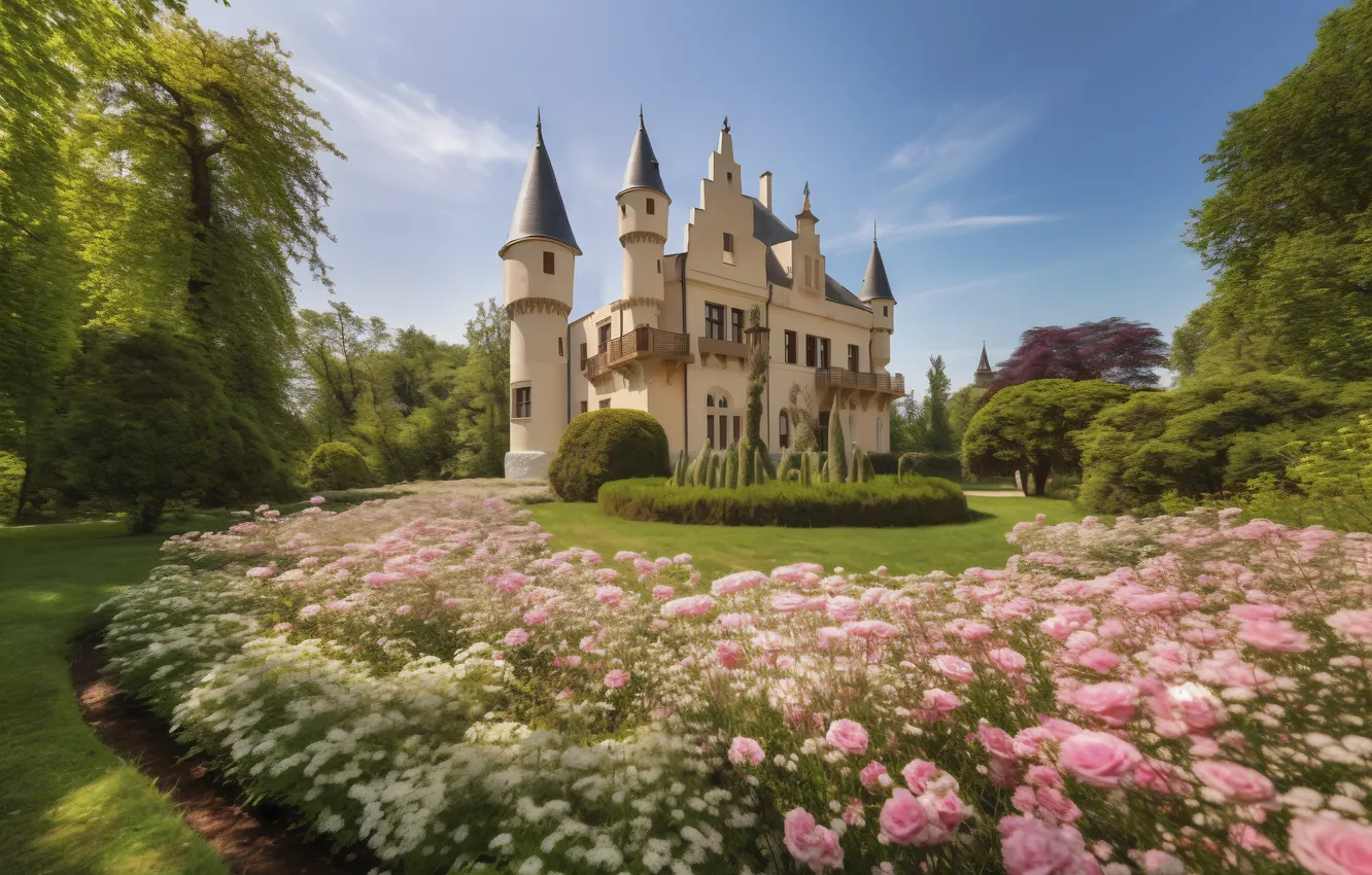 Фото обои пейзаж, замок, весна, архитектура, landscape, pink, blossom, beautiful