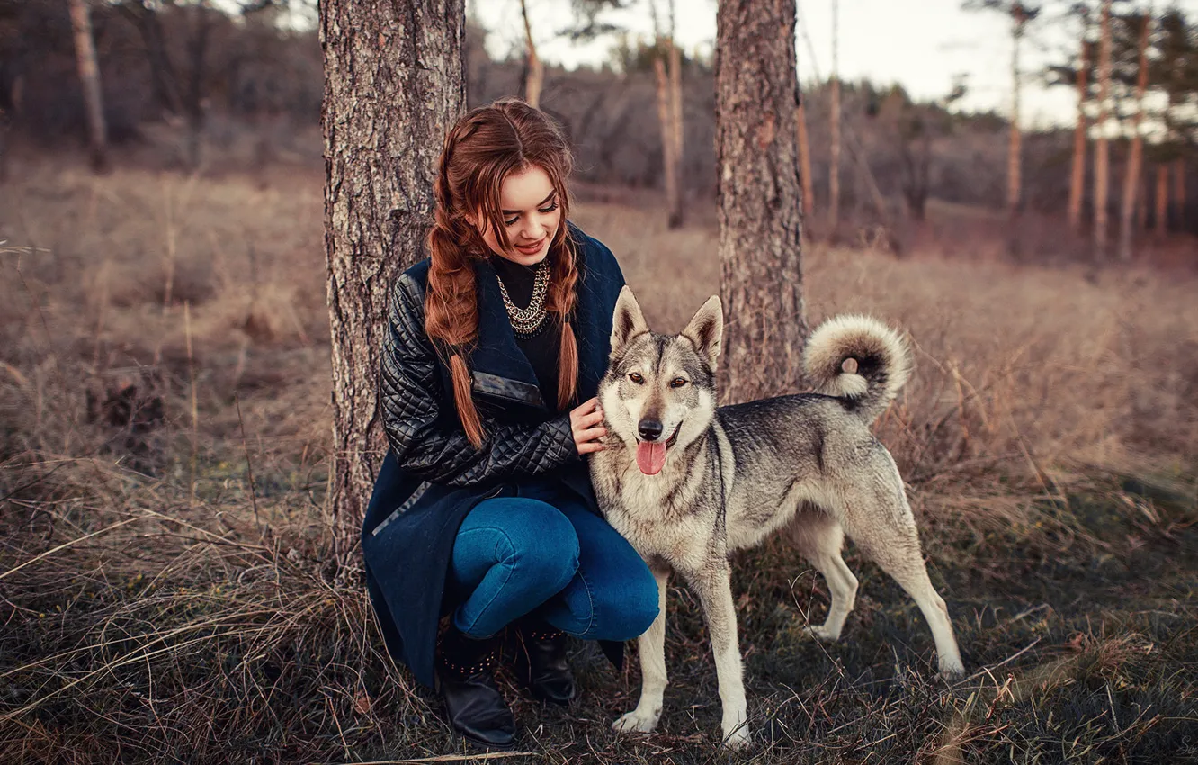 Фото обои осень, девушка, деревья, природа, собака, куртка, Анастасия, Sergey Shatskov