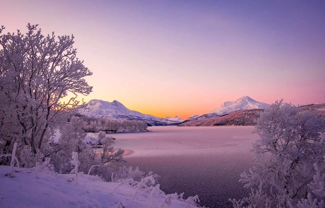 Фото обои зима, деревья, горы, озеро, Норвегия, Norway, Скандинавские горы, Scandinavian Mountains