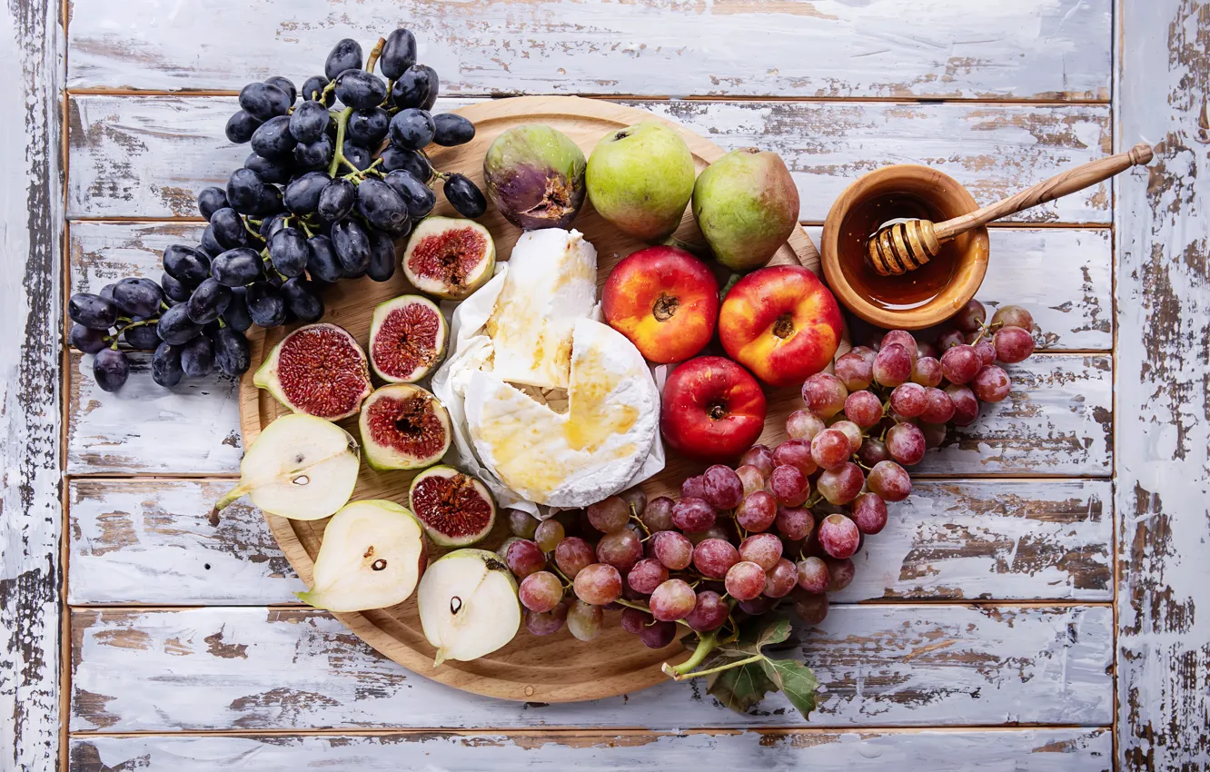 Фото обои сыр, мед, виноград, фрукты, рикотта, Roman Dbree